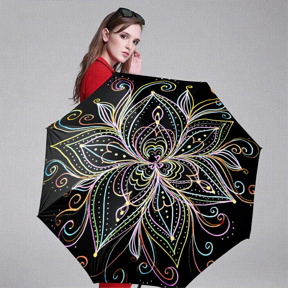 Colorful Mandala Floral Pattern Design on Black Background Umbrella ,Portable Folding Umbrella, Gift for Family Friends
