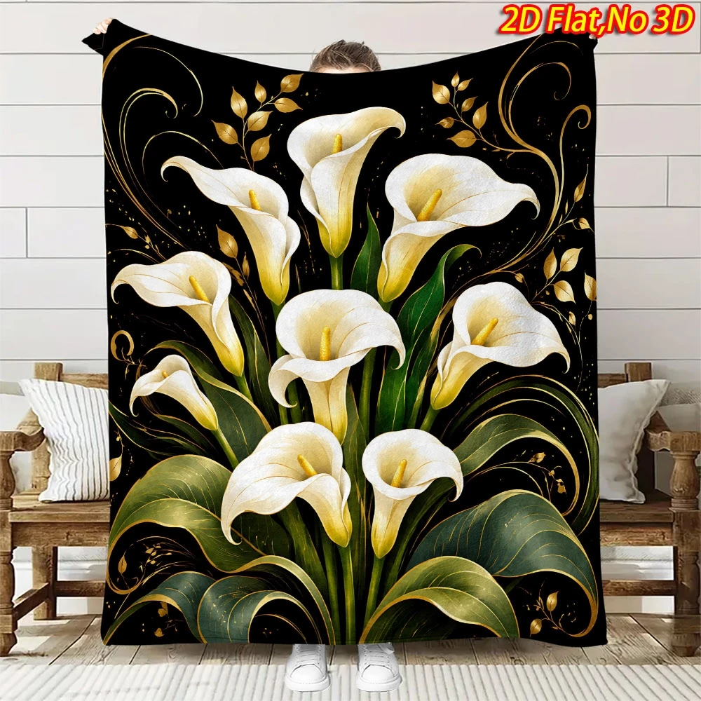 1pc 2D Flat Printing Spring & Summer New Arrival White Calla Lily with Golden Pattern Themed Digital Print Blanket, Suitable for