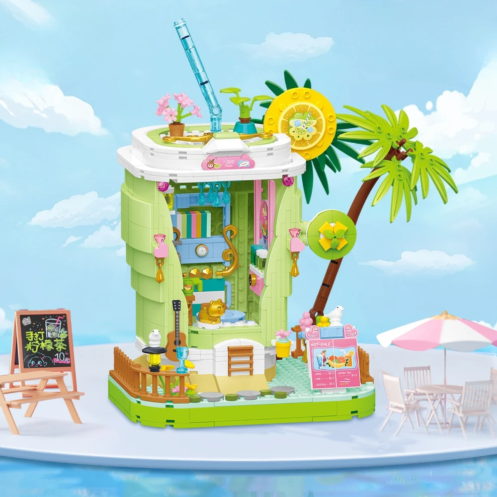 

MOC Lemon Beverage Hut Coconut Tree House Coffee Shop Building Blocks Set Beach Cabin Toys For Children Birthday Holiday Gifts