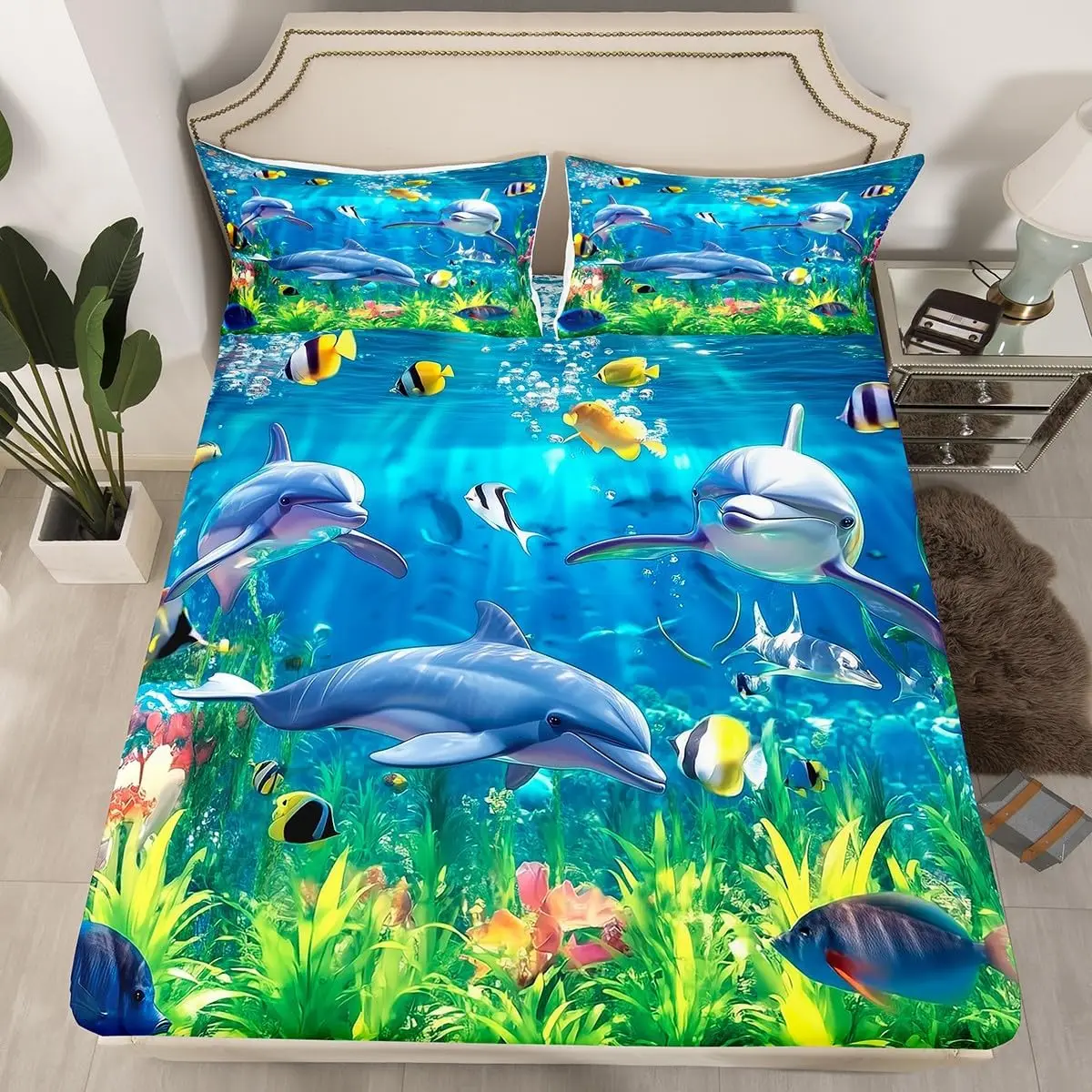 Cute Dolphin Fitted Sheets Ocean Animal Bed Sheet Set Underwater World Sealife Bedding Set Nautical Marine Life Bed Cover