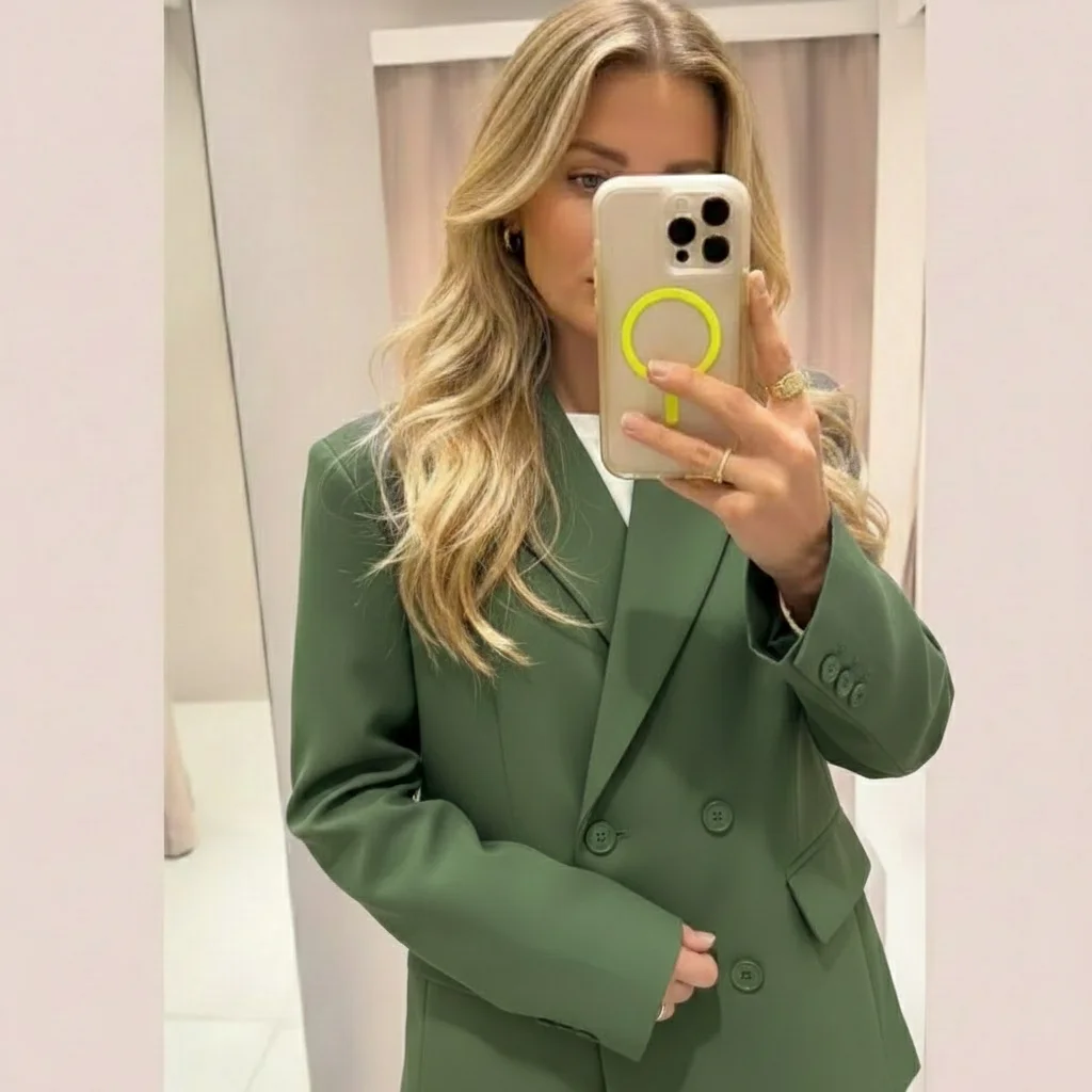 

Новый зеленый блейзер оверсайз 2026 года, женский двубортный пиджак свободного кроя, винтажный офисный деловой пиджак, шикарные уличные топы