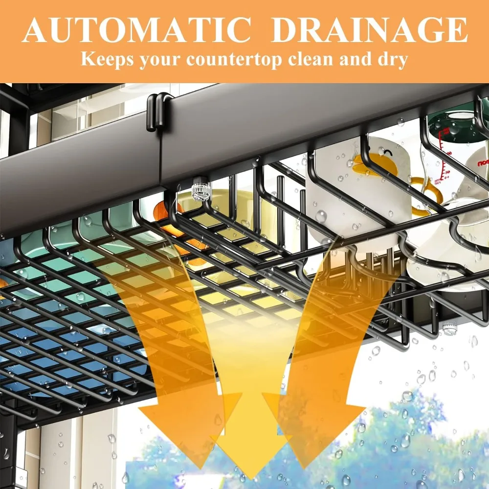 Over The Sink Dish Drainer Drying Rack, 3 Tier Adjustable (18.9" to 33.5") Kitchen Dish Rack Over Sink, Large Dish Drainer with