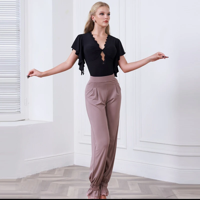 الفالس قاعة الرقص المنافسة الملابس للنساء تكدرت الأكمام اللاتينية أعلى السراويل الرقص الحديثة السيدات المرحلة ارتداء SL13559 #4