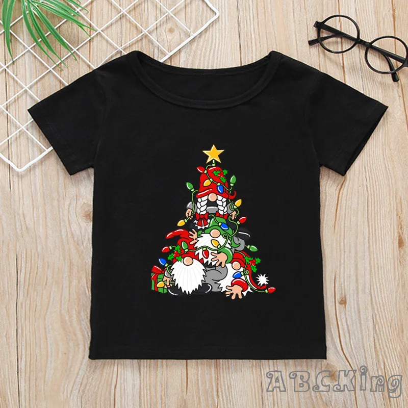 

Merry Christmas Gnome Deer Santa Print Cartoon Kids T-shirt Girls Clothes Baby Boys Black Short Sleeve T shirt Children Tops