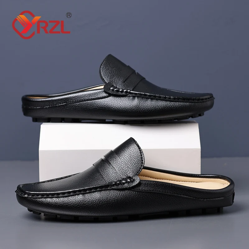 YRZL Loafers Summer Slip on Half Shoes for Men Leather Slippers Casual Breathable Comfy Loafers Moccasins Brown Black Beige