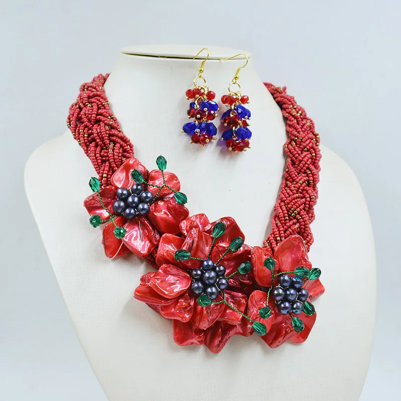 Handwoven Shell Flower Necklace Earring Set  18”