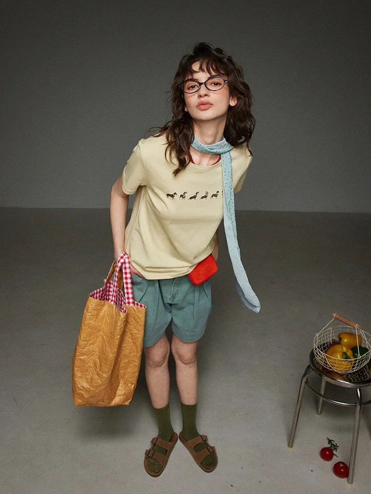 

LITLECOT Yellow round Ne Cartoon Print T-irt Women's Summer New Casual Versatile ort Sve Top Comfortable Breathable