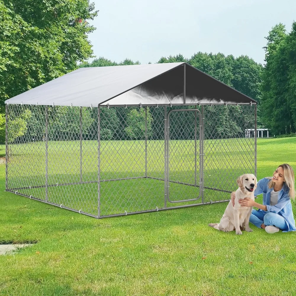 

Outdoor Dog Kennel with Cover, Large Dog Run Fence House Big Cage Pen Enclosure, Heavy Duty Dogs Play Cage Pen Kennel