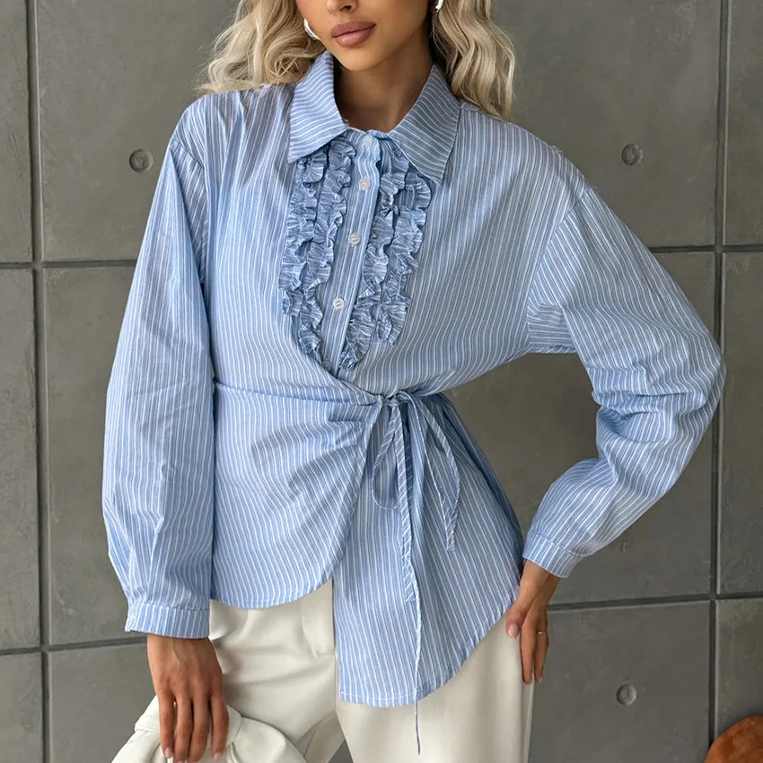 

Blue Stripe Women's Shirt Wooden Ear Design Sense Waist Tie Irregular Elegant Top