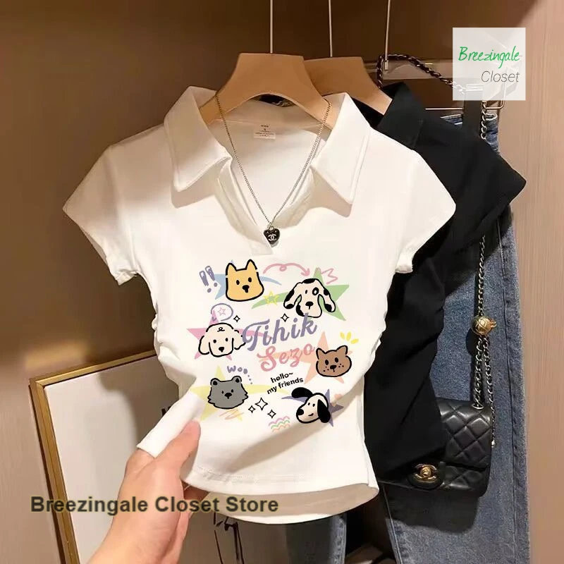 

Korean new design waist POLO neck shoulder short sleeve shirt female summer fashion temperament slim pleated spice girl T-shirt