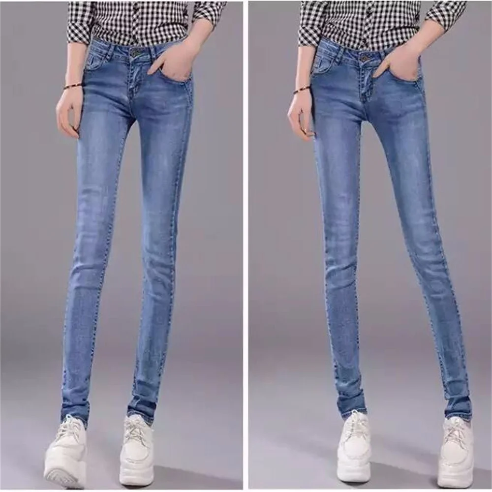 Jeans Skinny Pinggang Rendah Mode Wanita Denim Tergores Diputihkan Pakaian Celana Panjang Celana Ramping Antik Push Up Biru untuk Wanita