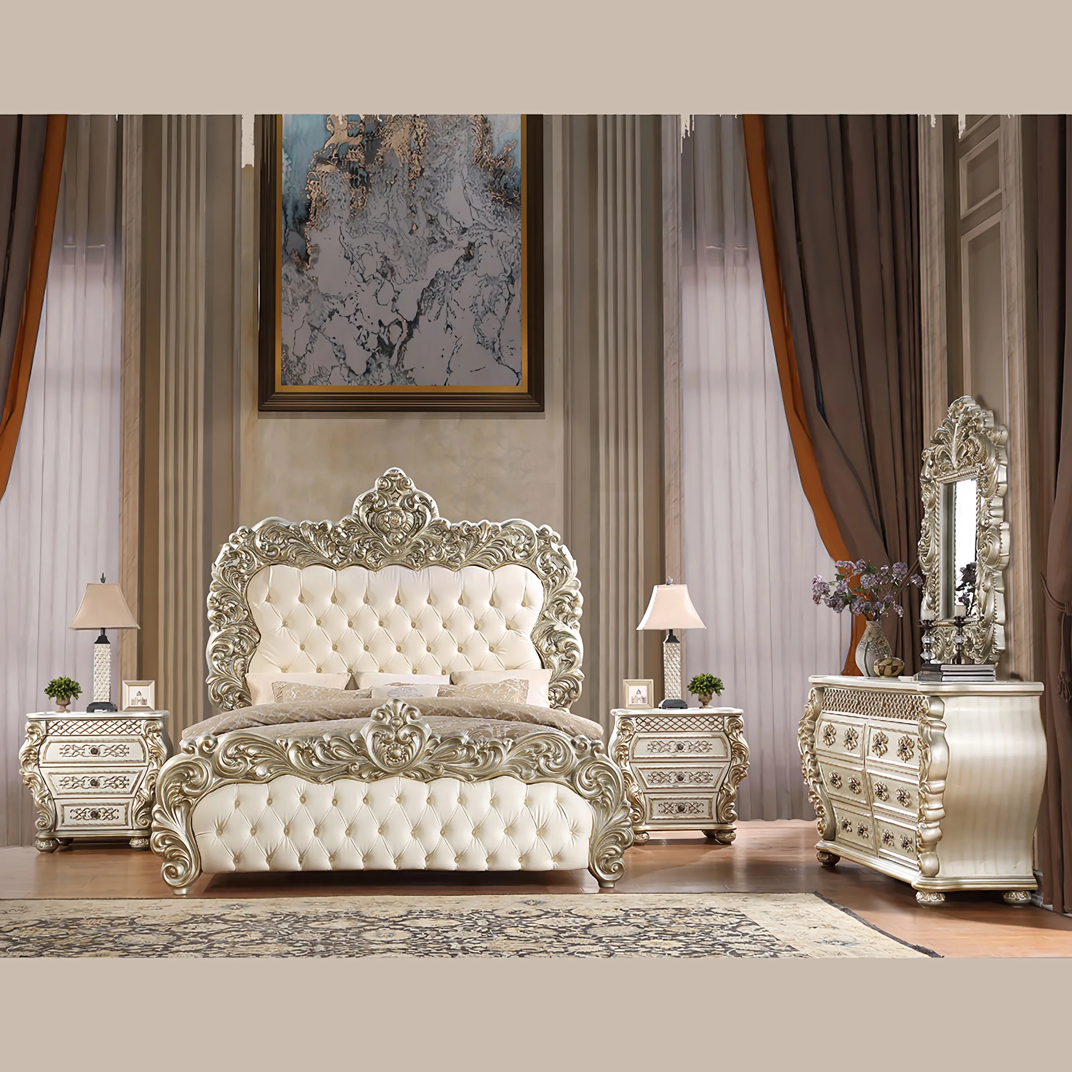 

victorian bedroom furniture European solid wood double bed French 1.8 meters princess bed champagne color