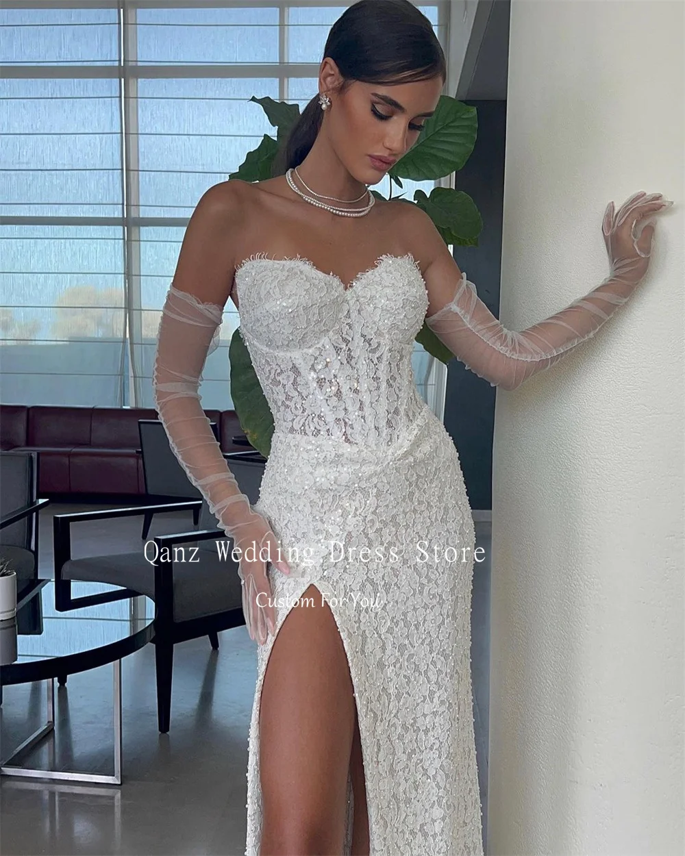 Qanz Sparkle Lace Wedding Dresses Sweetheart Mermaid Leg Slit Party Gown Floor Length Corset Back Vestidos En Oferta Liquidación