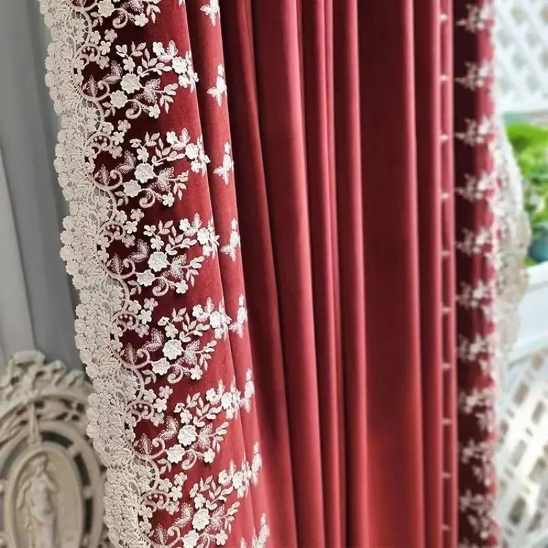 Custom  Size！！French Velvet Vintage Embroidery  Elegant Wine Red Lace Patched Curtains for Bedroom Living Room Decor Window