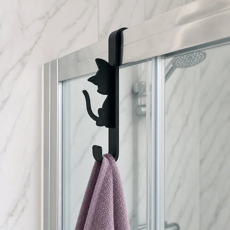 1Pcs Cute Cat Hook, No Drill Clamp On Towel Hanger, Shower Door Hook, Creative Bathroom Storage Rack, Gift For Cat Lovers