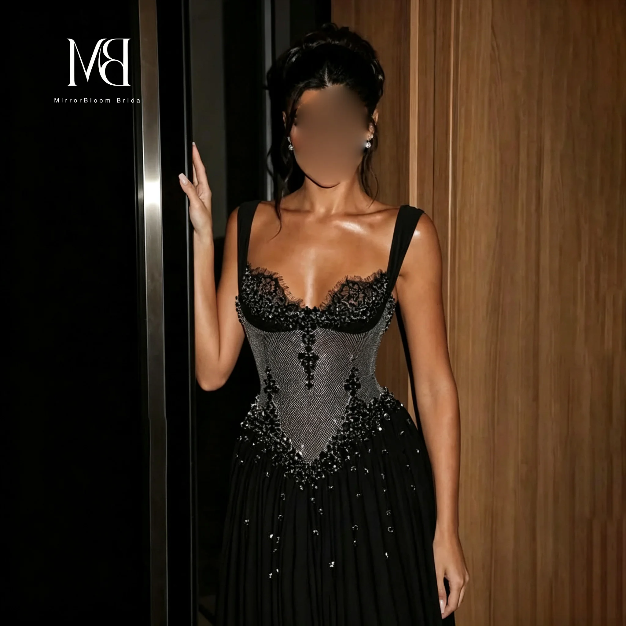 MB Black Evening Dress Sweetheart Neck Beaded Corset Pleated A Line Floor Length Formal Party Gown Women Prom Dress Customized image 2