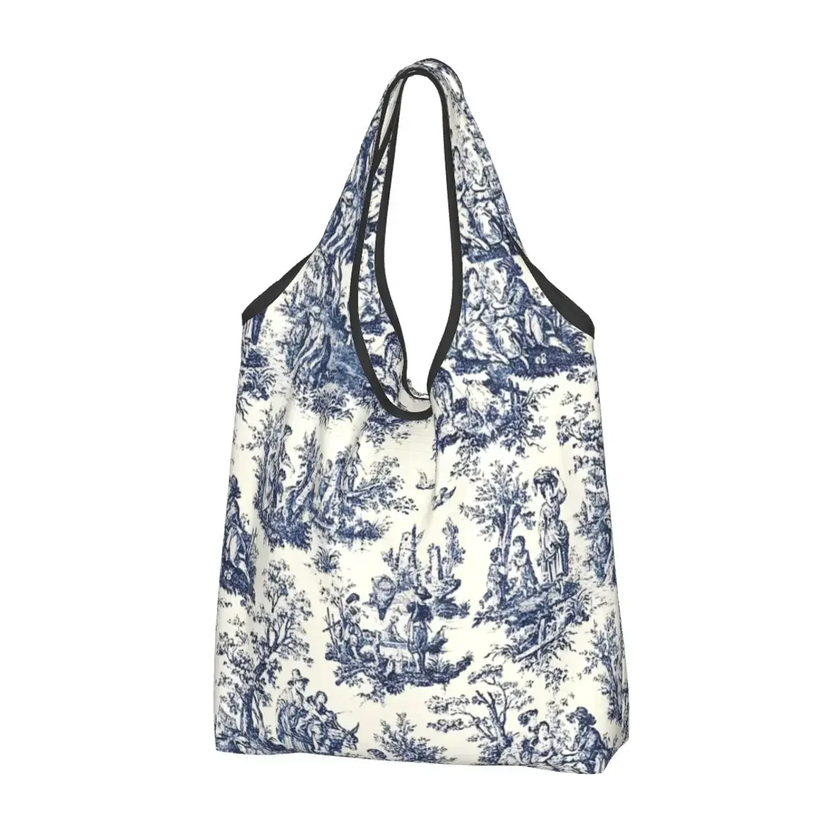 Large Reusable NOMADES Artsy Navy White Grocery Bags Recycle Foldable Toile De Jouy Shopping Eco Bag Washable Lightweight