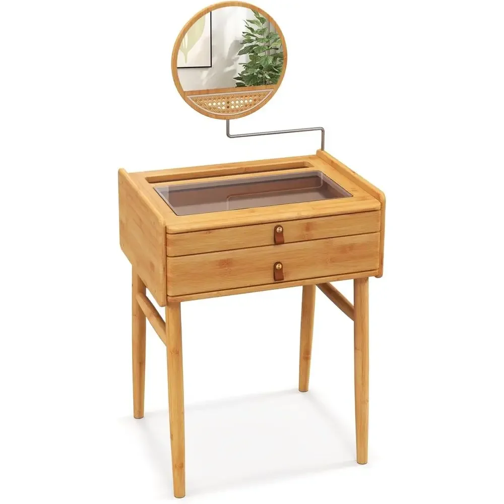 Compact Bamboo Makeup Desk with Swivel Mirror, Dual Drawers, Deep Storage and Tempered Glass Top for Small Spaces