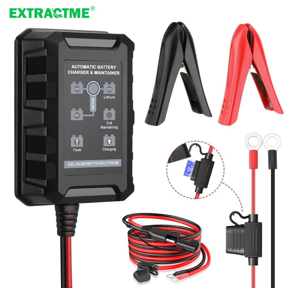 Extractme 12V Lithium Battery Lifepo4 Battery Charger For  Moto ATV Lead-Acid Battery Charger Smart Car Battery Repair Detection