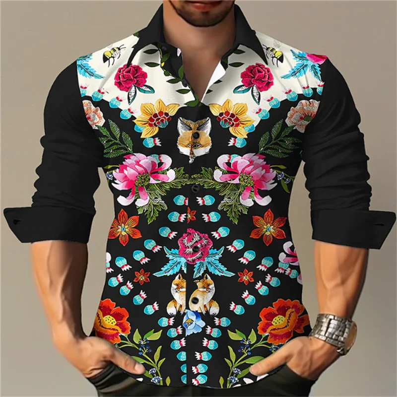 3D digital printing men\'s fashionable casual long-sleeved lapel shirt, spring and autumn men\'s shirt