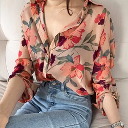 Spring Fall Casual Chiffon Shirt Floral Print Long Sleeve Lapel Button-up Vintage Blouse Elegant Transparent Tops Thin Blusas