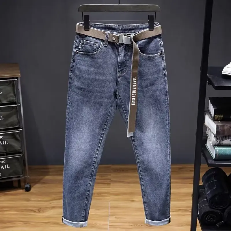 

New Men's Trendy Fashion Edition Elastic Small Leg Jeans Top Quality Straight Classic Blue Denim Pencil Pants