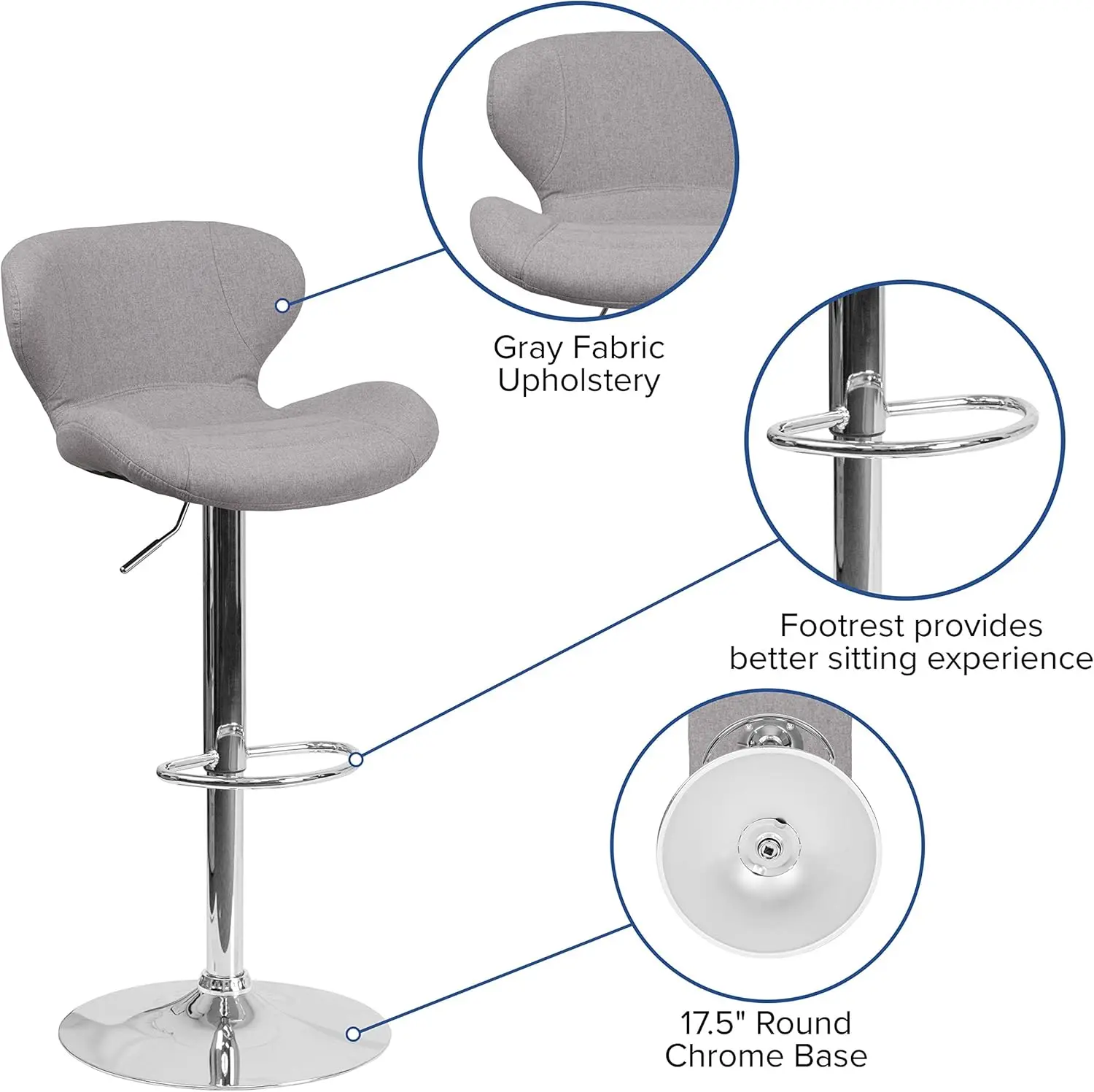 Барный стул Quincy с регулируемой высотой-Современный серый тканевый барный стул-изогнутая спинка и хромированная основа с подставкой для ног