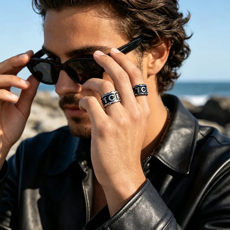 TCB Letter Signet Ring Stainless Steel Multi‑Color Available Texture Hip‑Hop Punk Finger Ring for Men Fashion Jewelry Gift