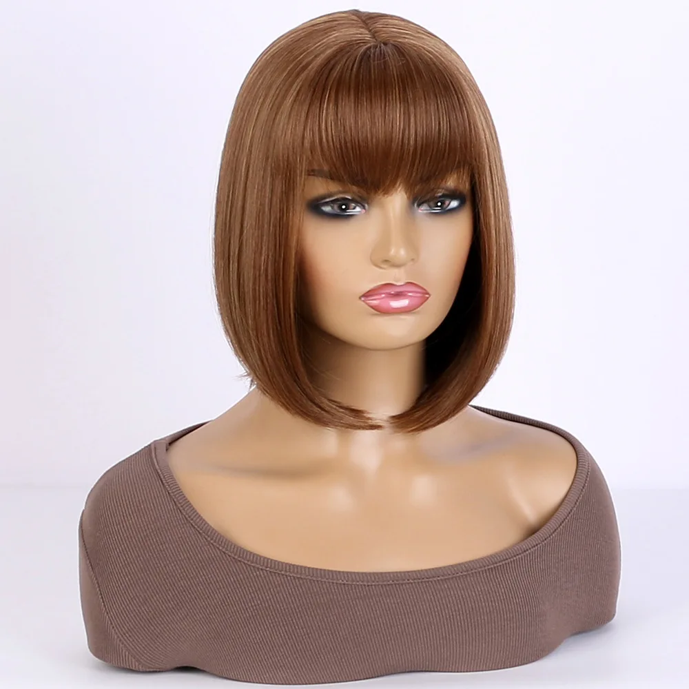 Short Straight Brown Wig with Bangs Shoulder Length Cosplay Party Daily Use for Women Heat Resistant Synthetic Fiber Wigs