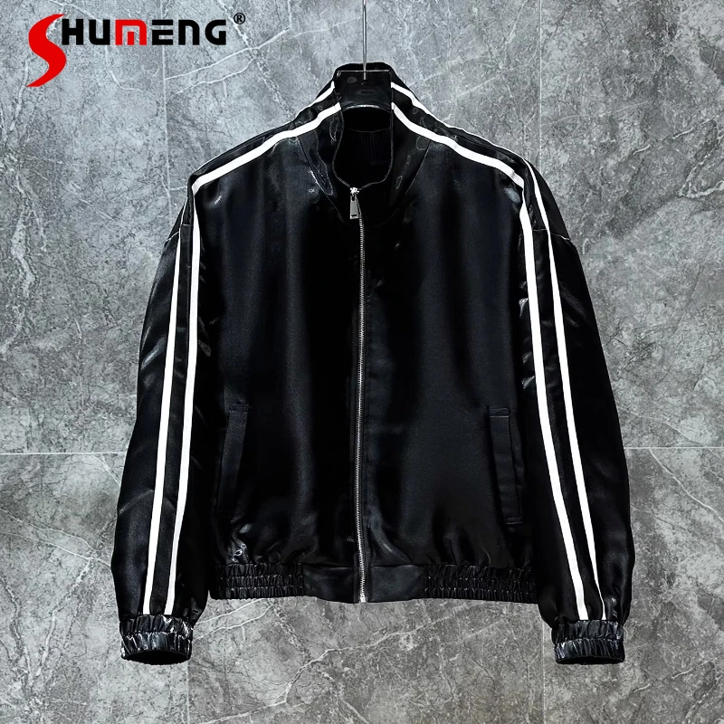 

2025 Spring Autumn Trendy Men's American Style Retro Striped Contrast Color Stand Collar Jackets Personality Trendy Loose Coats