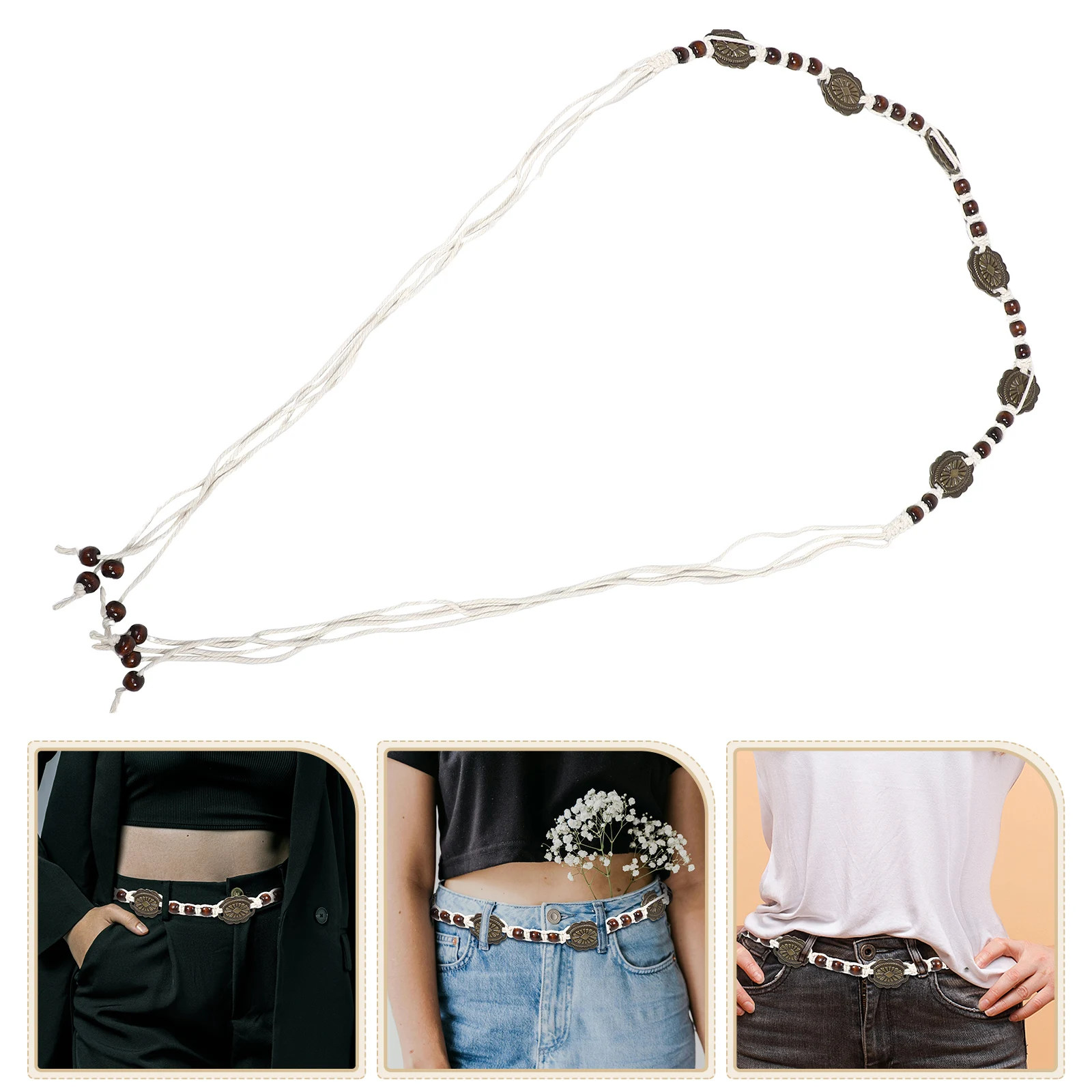 Boho Belt Adjustable Rope Waist Style for Outfits Braid Dresses Braided Beaded Skirts