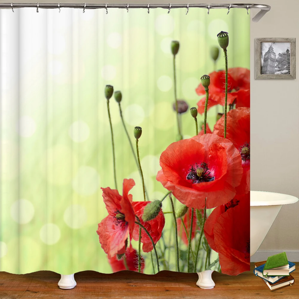 

High Quality Poppy Flower Shower Curtain Watercolor Petals Plants Pattern Waterproof Polyester Fabric with Hooks Bath Curtains