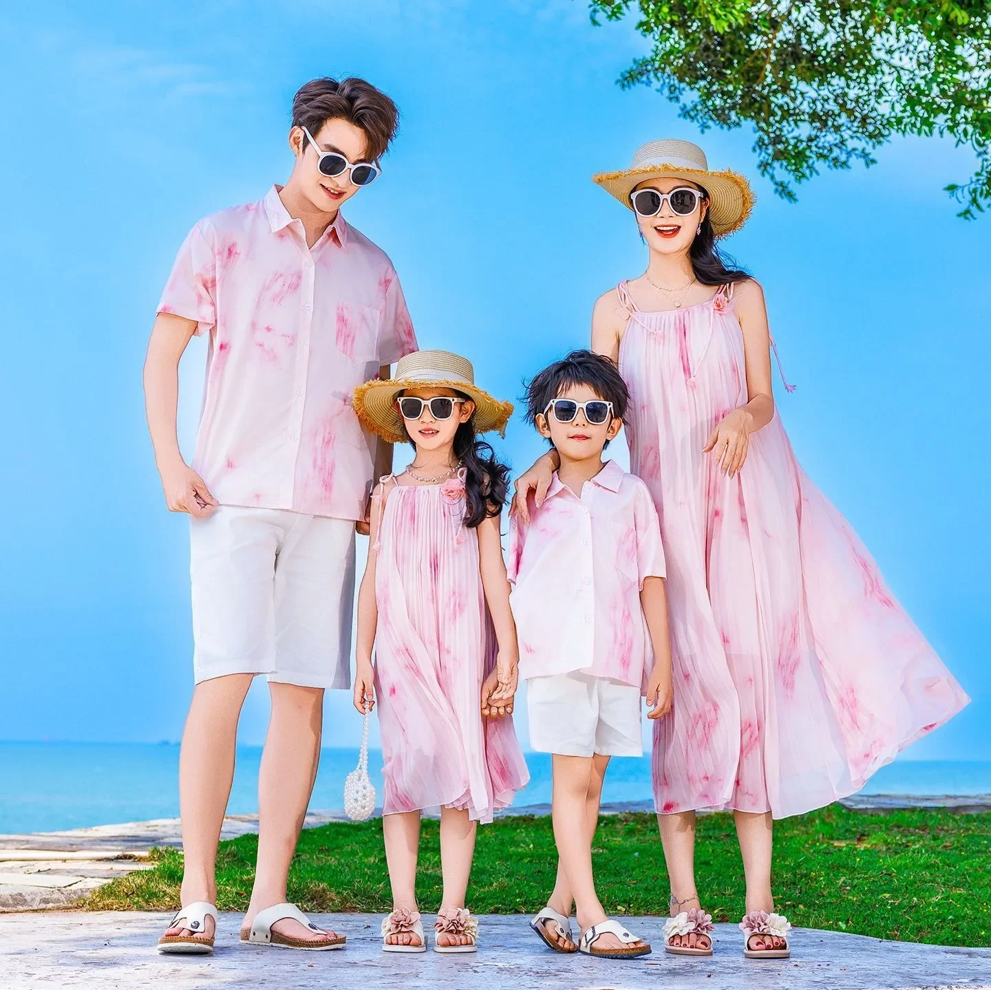 Summer Family Matching Outfit Set Pink Tie-Dye Maxi Dress & Shirt Shorts Set Casual Beach Vacation Outfits for Mom Dad and Kids