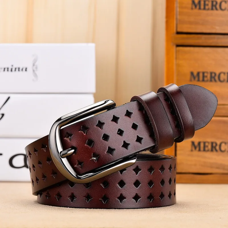 حزام نسائي من الجلد الطبيعي بتصميم كلاسيكي، حزام مجوف متعدد الاستخدامات، حزام بإبزيم دبوس أنيق للنساء #3