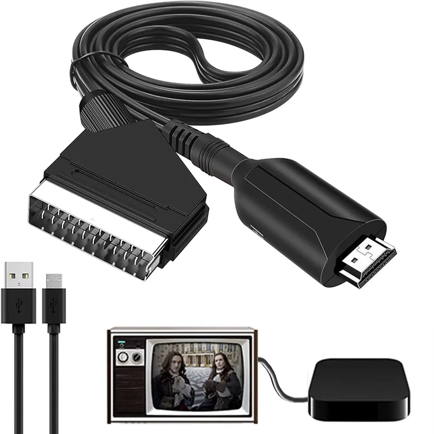 SCART to HDMI Converter Cable Video Audio Converter Adapter Scart in HDMI Out Suport 720P/1080P Switch for HDTV DVD