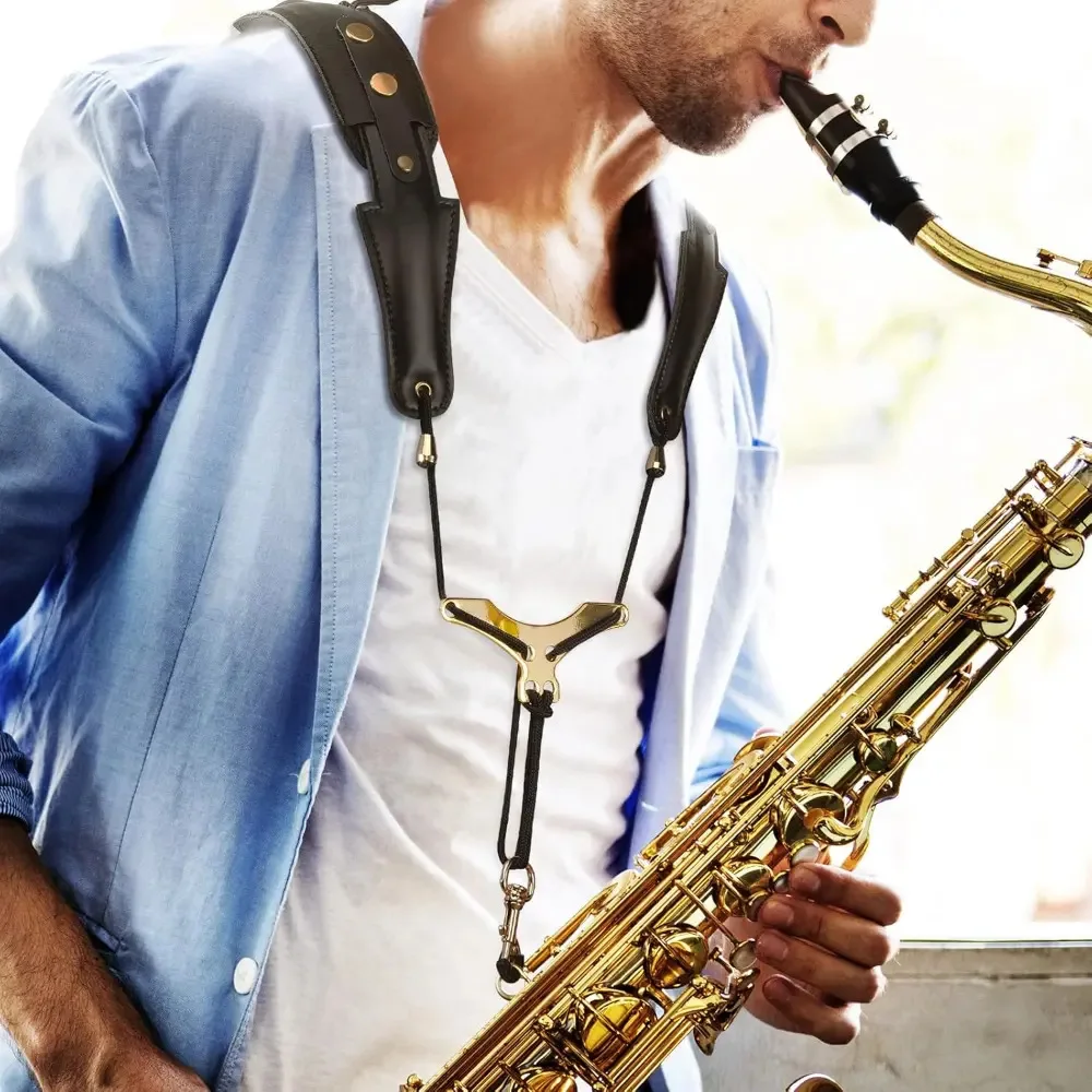 Leather Saxophone Neck Strap,Aluminum Plate Neck Strap with Saxophone Shoulder Straps for Alto,Tenor,and Baritone Electric Bass