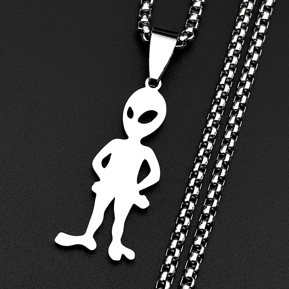 Lustige Alien-Anhänger-Halskette für Damen und Herren, Edelstahl, silberfarben, Goth-Streetwear, Rapper-Schmuck, Ketten-Accessoire – Detail 9