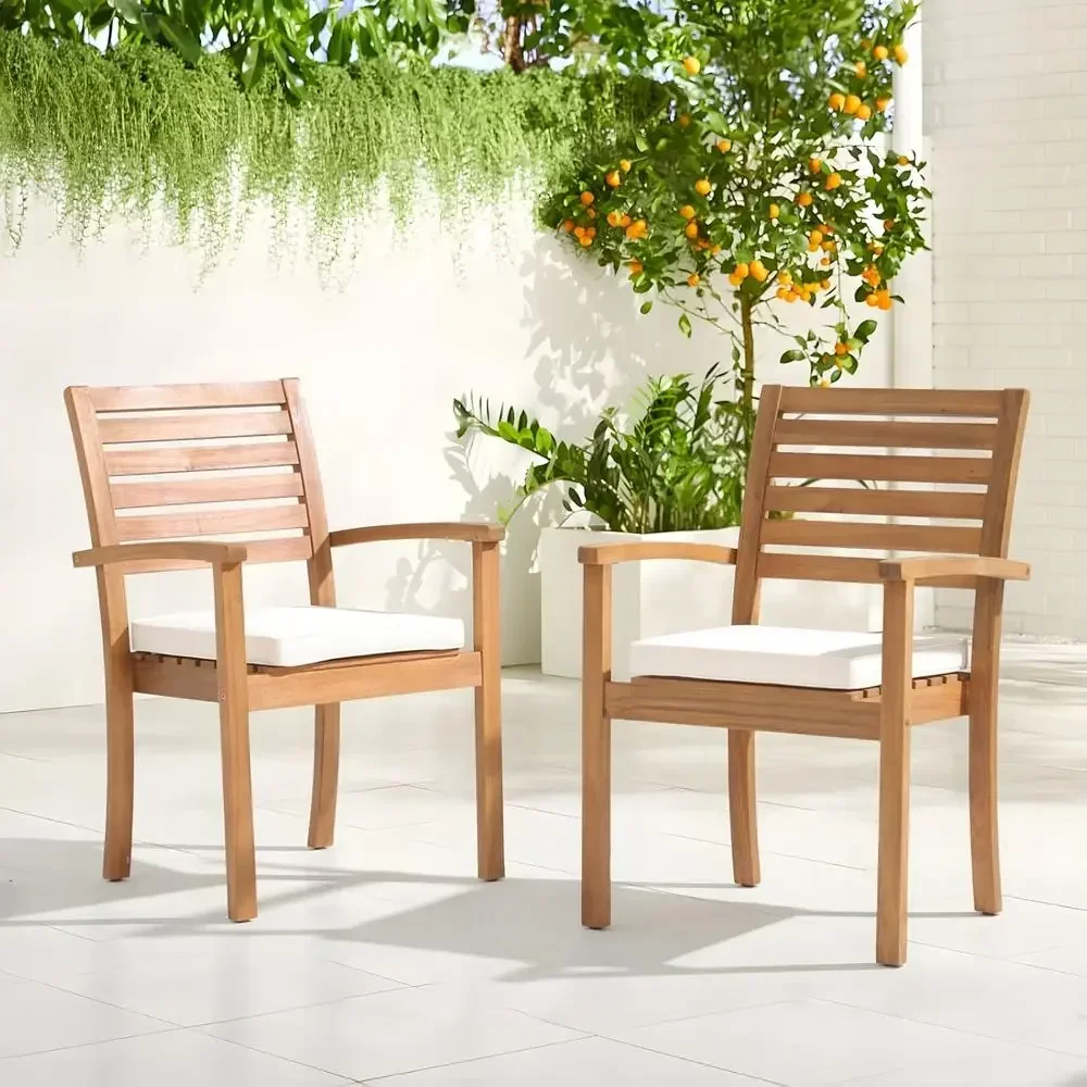 Stackable Outdoor Acacia Wood Patio Chairs Set of 2 with Armrests and Removable Beige Fabric Cushions