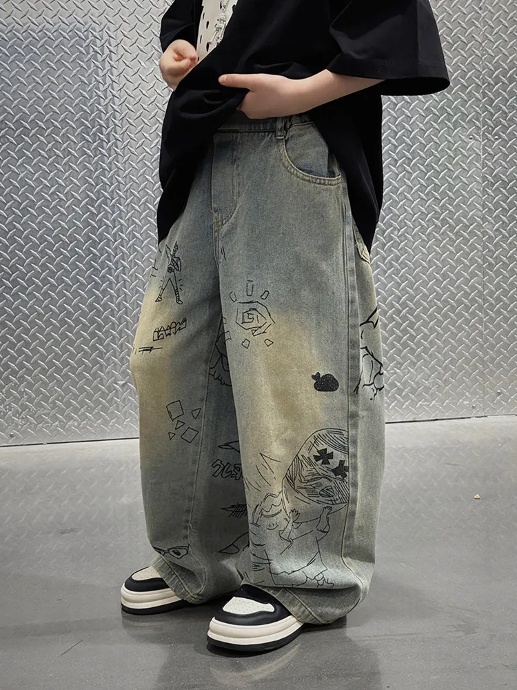 Spring Boys Jeans Pants Kids Boys Wide Leg Straight Trousers Loose-Fit Casual Trousers Childrens Fashion Doodle Jeans 2-8Years