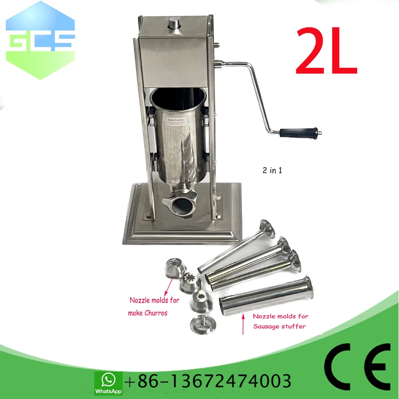 304 stainless steel 2L Manual Churros Maker Machine with 3 size nozzles 2 in 1 sausage stuffer