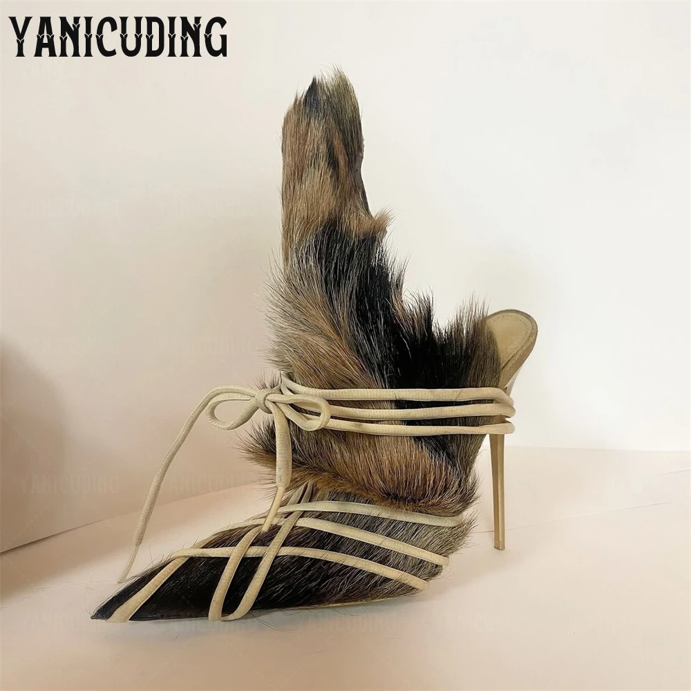 Black and Brown Fur Mules Multiple Strap Pointed Toe Stiletto Slippers Luxurious Style Handmade Furry Lace up Slippers for Women