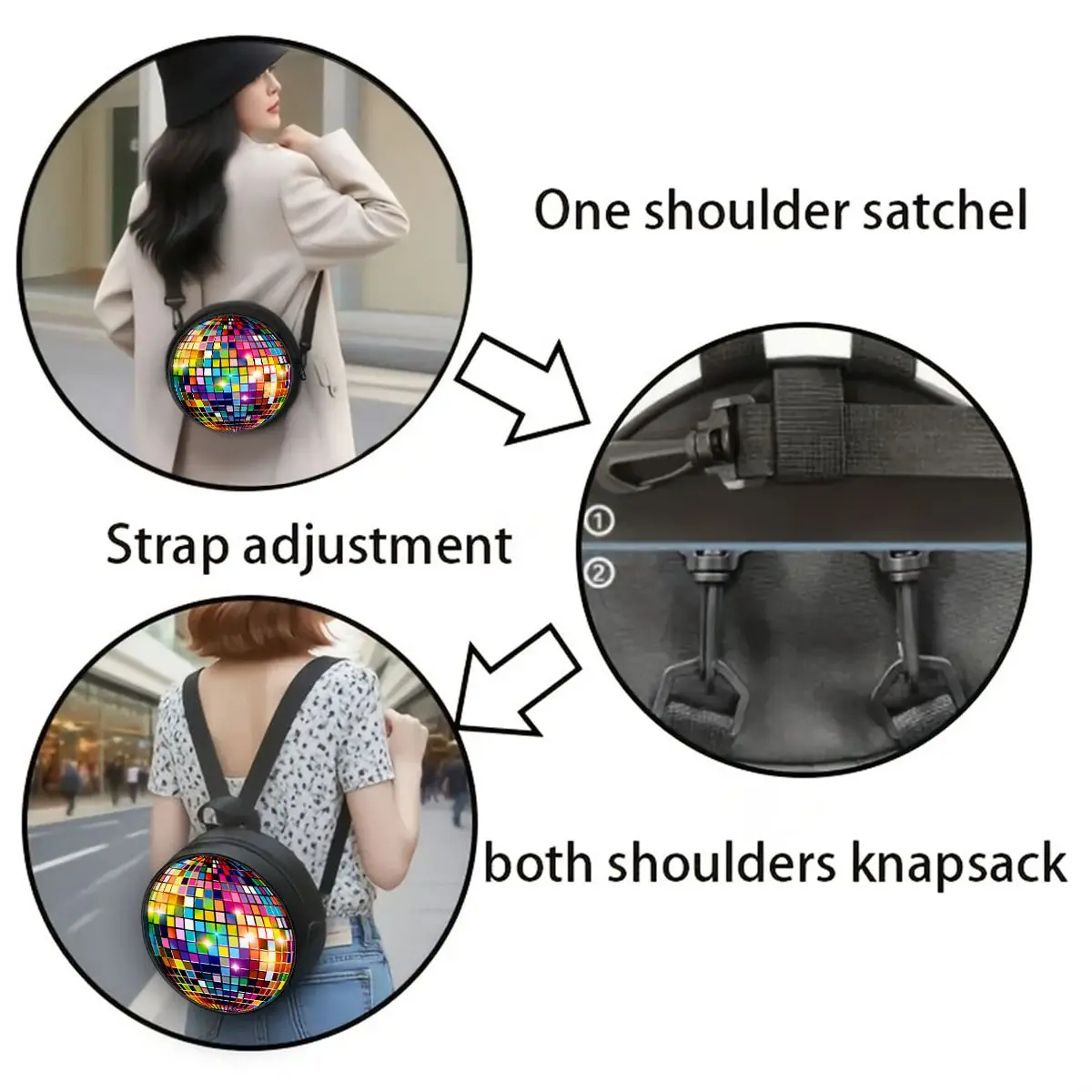 Bunte Disco-Kugel-Umhängetasche, runde Umhängetasche, lässige Messenger-Tasche, tägliche Umhängetasche mit verstellbarem Riemen für Damen, beste Geschenke, 2D-Flach – Detail 3