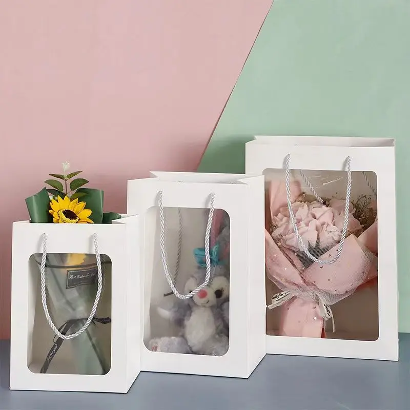 30x20x15cm 5set Transparent Window Gift Packing Bag Gift Wrap Paper Bag Portable Pink White Wrapping Tote With Handles Sundries