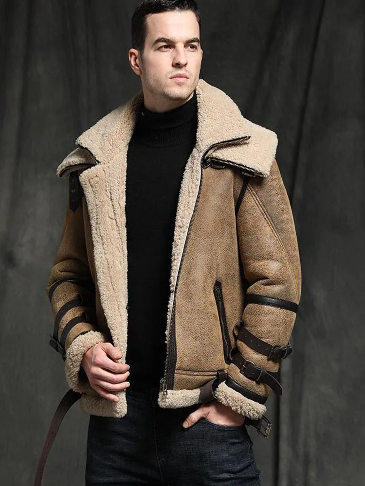 

2025 Winter Fashion Men's Genuine Leather Coat Natural Sheepskin Lambskin Shearling Jacket for Male Double Layers Collars Brown