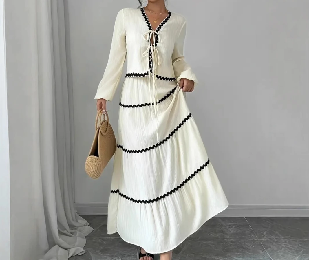 2025 Set camicia e gonna con fiocco con maniche a lanterna piegate a strati di pizzo estivo per donna