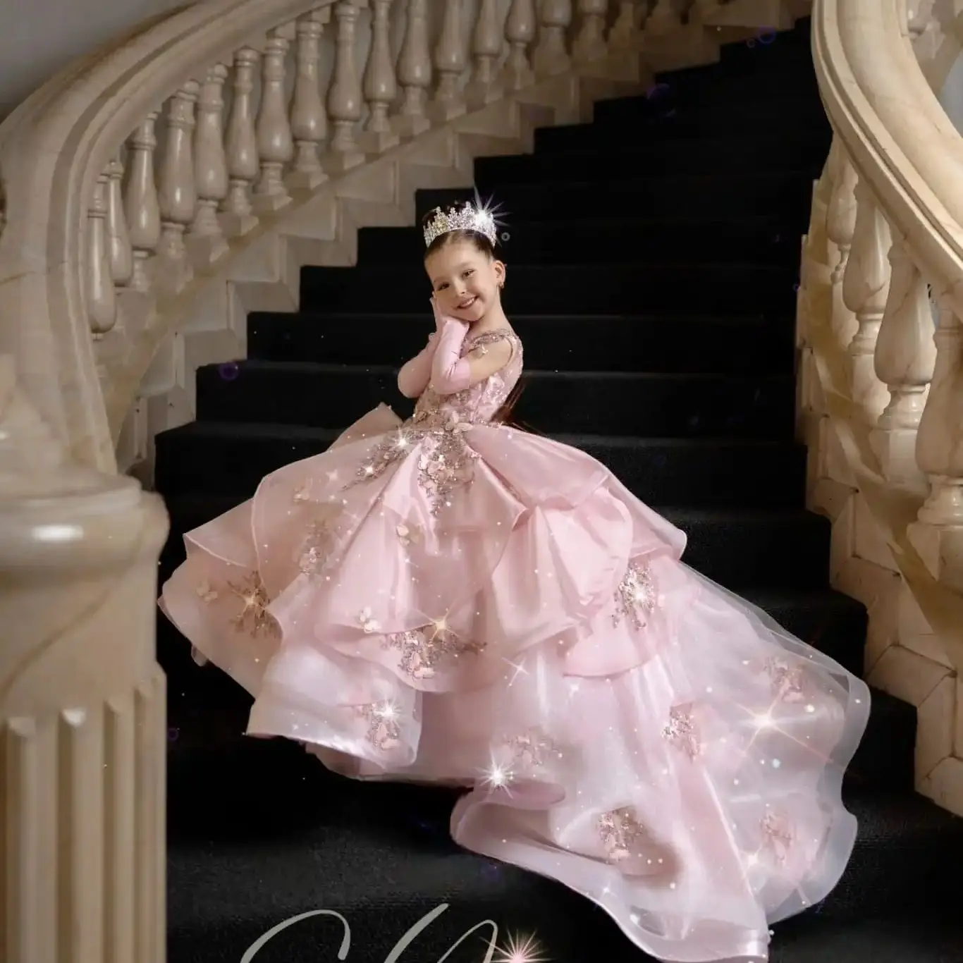 สีชมพูดอกไม้สาวชุดที่กําหนดเองเด็กชุดเจ้าหญิงวันเกิด Party Gowns Quinceanera Litter สาวประกวดชุด