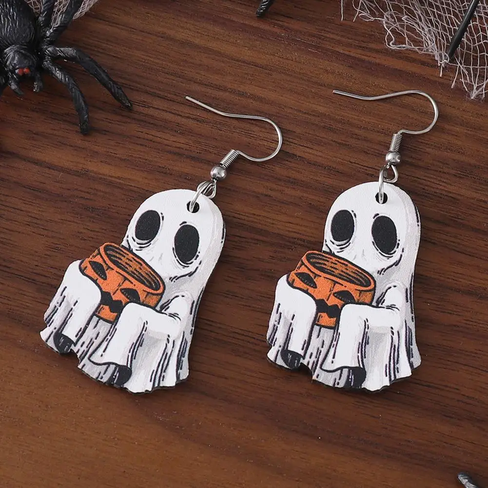 Ghostly Halloween Jewelry Spooky Halloween Ghost Earrings Set Lightweight Wood Ghost Pumpkin Bucket Earrings for Women Cute