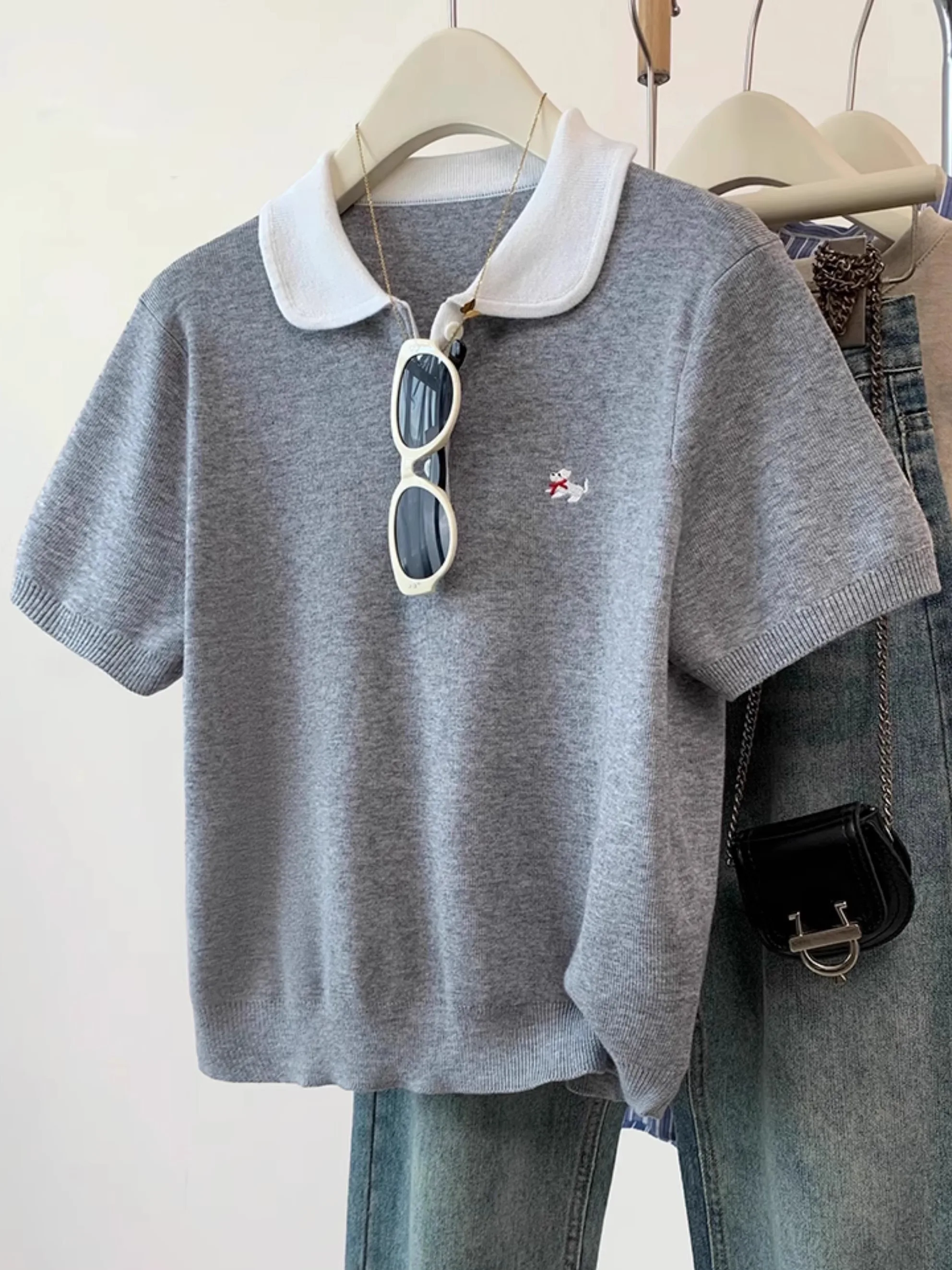 فضفاض محبوك الصيف جديد Sle المرأة البلوز زر ضفيرة المطرزة المرقعة تأثير التخسيس هنري طوق ort Sve