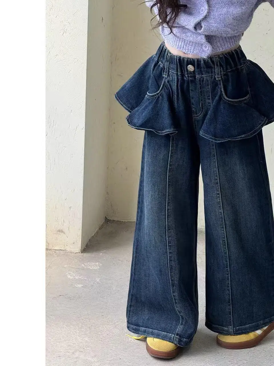Girls Straight Leg Wide Leg Pants Spring Summer Autumn Fashionable Frilled Hem Denim Trousers Kids Clothing Kids Jeans