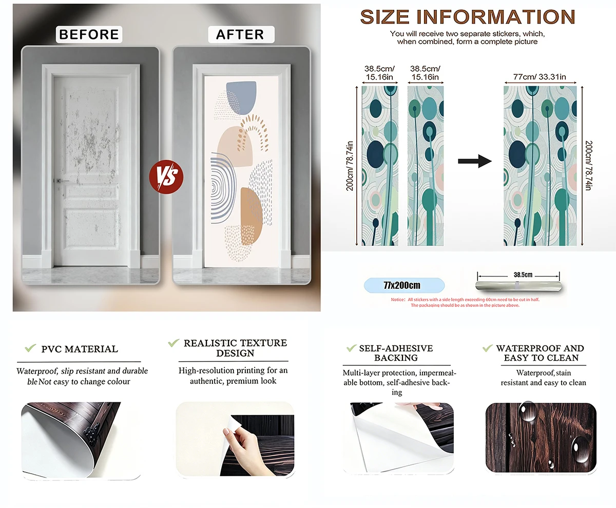 Nordic Minimalist Abstract Door Decal Self Adhesive Removable Waterproof Door Sticker Modern Art Door Cover Home Wall Decor view 3